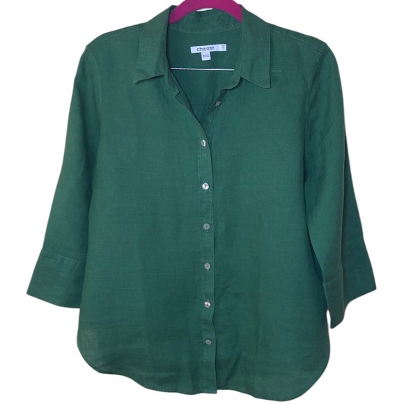 Chico's Green Button-Up Linen 3/4 sleeve size 6 - Picture 1 of 9